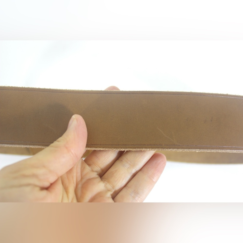 Wide Tan Leather Belt with a Chunky Brass Buckle Thick Work Belt Unisex Mens - Picture 8 of 9